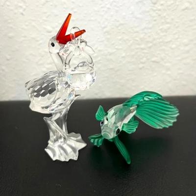 HKF381- Swarovski Crystal Collectibles, “Stork With Baby” & “Siamese Fighting Fish” 
