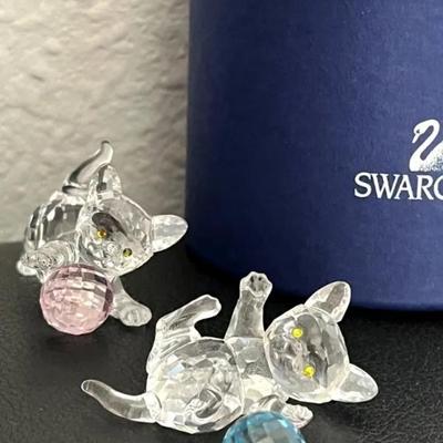 HKF259- Swarovski Crystal Collectibles- Set Of Two “Lying Kitten With Ball” 