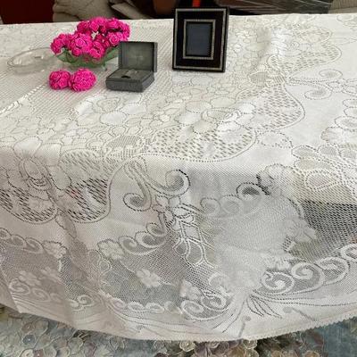HKF178 - Lacy Tablecloth With Lalique Brooch, Lancel Frame, Candy Dishes
