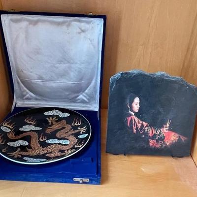HKF078 - Chinese Beauty On Slate & Cloisonné Dragon Plate