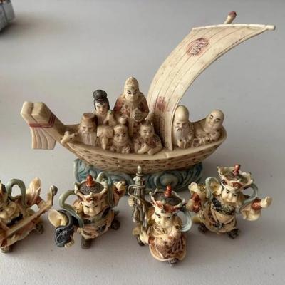 HKF077 - East Asian Bone Carved figure Sets - Takarabune Ship & Four Heavenly Kings