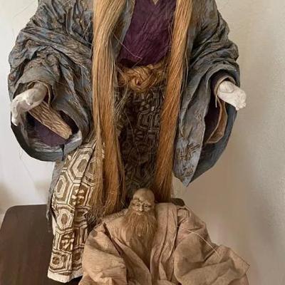 HKF096 - Two Rare Rice/Straw Paper Washi Kabuki Warrior & Old Man Dolls