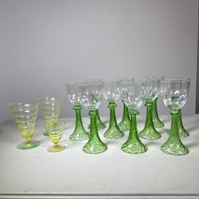 (13pc) Set of Mixed Art Glass Stemware | 10 wine glasses with swirled light green blown glass bottoms and small green adornments. 2...