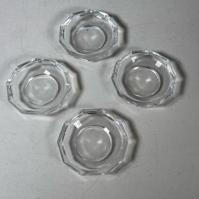(4pc) Signed Faceted Glass Dishes | Top is of a hexagon shape. Dimensions: h. 1 x dia. 3.5 in
