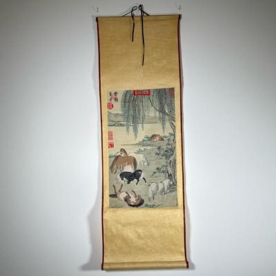 Embroidered Scroll | Asian wall art with horses and weeping willow tree Dimensions: h. 40 x w. 13 in
