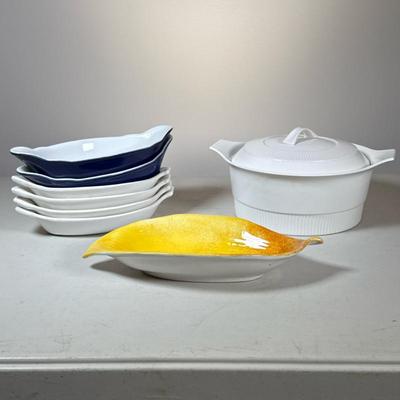 (8pc) Au Gratin Baking Dishes And Vintage Covered Casserole Dish | 4 white matching oblong dishes and two oblong dishes with dark blue...