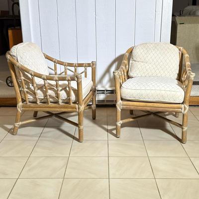 PAIR McGUIRE RATTAN & RAWHIDE ARMCHAIRS, ORGANIC MID CENTURY | Leather woven wood / bamboo style armchairs with back and seat...