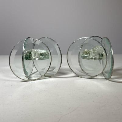 (2pc) Contemporary Glass Candle Stick Holders | Mid-century modern candle holders designed as three glass beveled discs with metal trim...