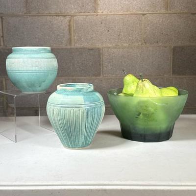 (3pc) Cache Pots & Green Bowl With Fruit | Including two similar light green or turquoise pottery vases with linear design, one...