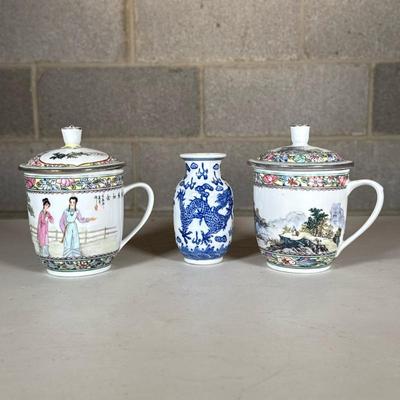 (3pc) Chinese Blue & White Porcelain Dragon Vase & Cups | Including a small blue and white vase with decorative double dragon...