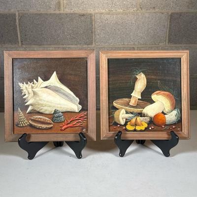 (2pc) Signed still-life paintings | Katya Kozlova, Russian; one with mushrooms, the other with shells, each signed with initials lower...
