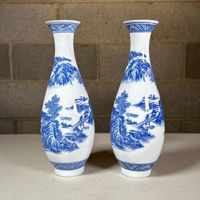 Pair Chinese Blue & White Porcelain Souvenir Vases | Commemorative issue vases of fine, lightweight construction for Peking...