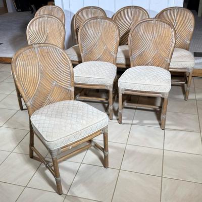 (8pc) McGUIRE RATTAN & RAWHIDE DINING CHAIRS, ORGANIC MID CENTURY | Rounded curved reed-form backs on rawhide wrapped rattan frames,...