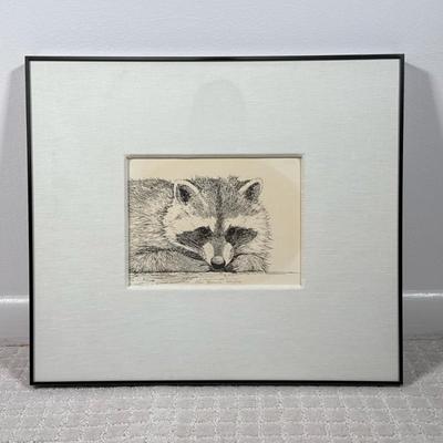 Raccoon Black And White Drawing Print | 7”h x 9” l sight Signed and numbered center. Dimensions: h. 16.5 x l. 18.5 in (Frame)

