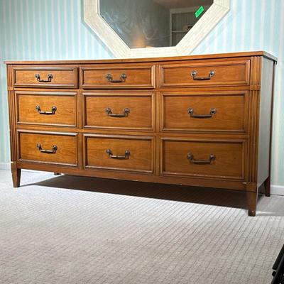 National Mt. Airy Long Chest of Drawers | Long dresser having six dovetailed drawers with metal pulls over tapering feet Dimensions: h....