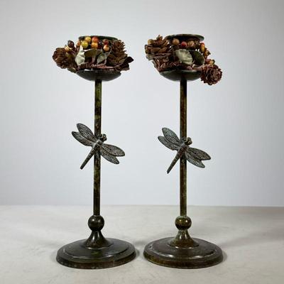 (2pc) Bronze Dragonfly Candlestick Holders | Candlesticks with applied dragonfly motifs, adorned with pinecones and berries on top, with...