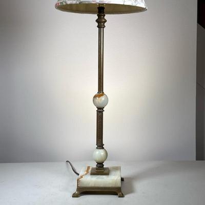 Onyx & Brass Table Lamp | With a floral shade Dimensions: h. 27.5 x dia. 11 in (with shade)
