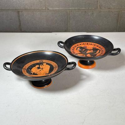 Large Greek Painted Pottery Tazza | Greek Revival decorative pedestal dish, having a shallow bowl with double loop handles on a pedestal...