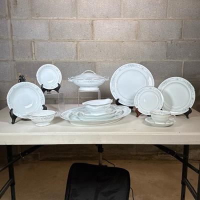 (81pc) Noritake China Set Bellfleur Pattern | Silver rimmed with delicate blue floral design. Including: Large and small platter,...
