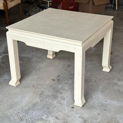 CANVAS WRAPPED PARSONS TABLE | A classic Parsons-style table fully wrapped in textured canvas Dimensions: h. 25 x w. 31 x l. 31 in
