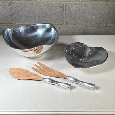 (4pc) Nambe Bowls and Salad Serving Pieces | Including a small heart-shaped dish and a larger square round salad bowl with wooden large...