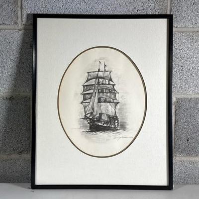 Miller Sailboat Print in Tondo | Signed in the plate and dated 1976, matted in tondo in a simple black frame Dimensions: h. 20.75 x w....