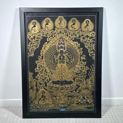 Thangka-Style Buddhist Painting | Gold paint on a black ground depicting a multi-armed bodhisattva surrounded by additional deities,...