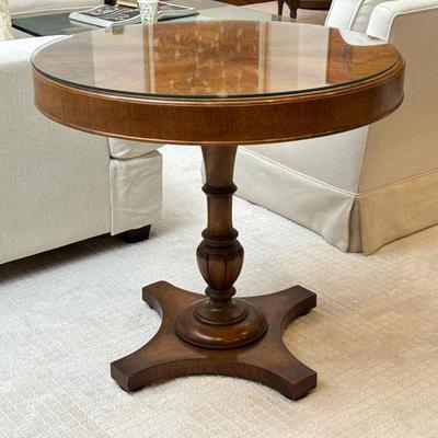 Pedestal Table with Bookmatched Top & Glass Covering | Center hall table with nicely figured wood, with a glass top Dimensions: h....
