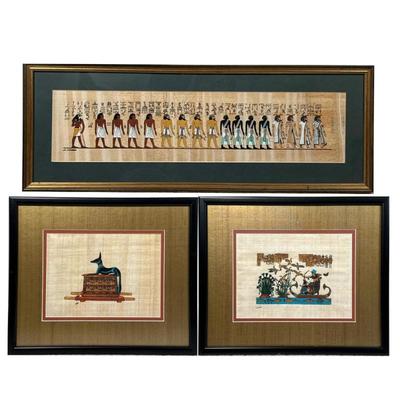 (3pc) Egyptian Papyrus paintings | Three framed Egyptian papyrus works, each depicting traditional ancient motifs, including: a color...