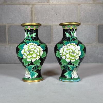 Pair of Chinese Cloisonne Vases of Small Size | With white chrysanthemum and blue bird on a black ground Dimensions: h. 6 x dia. 3.25 in
