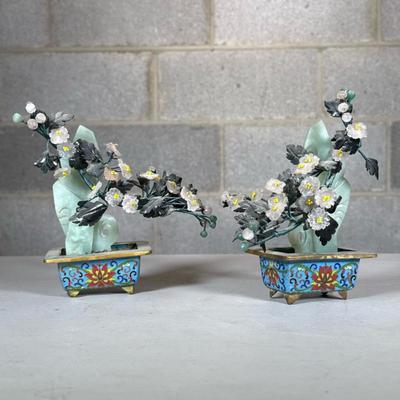 Pair Chinese Cloisonne & Hardstone Floral Displays | Miniature cloisonne jardinieres with hardstone or rose quartz floral...
