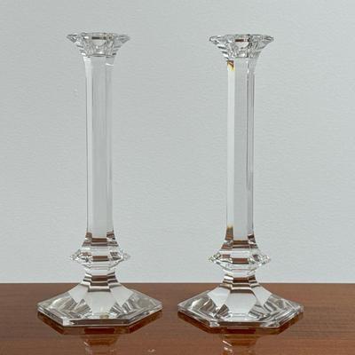 Pair Val St. Lambert Elysee Candlesticks | Crystal candlestick holders Dimensions: h. 11.5 x dia. 5 in
