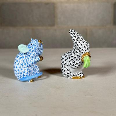 (2pc) Herend Fishnet Miniature Porcelain Figures, Bunny & Mouse | Including a rabbit in black fishnet pattern with leaf and a mouse...