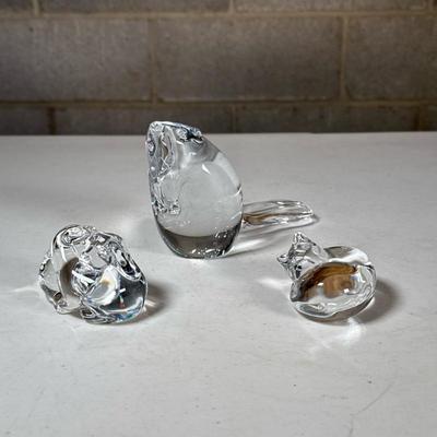 (3pc) Steuben Glass Animals & Signed Beaver | Including a Steuben glass figure of two nuzzling puppies, and a Stueben sleeping cat;...