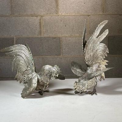 (2pc) Silver-Plated Fighting Roosters | A pair of intricately detailed rooster figures in dynamic fighting poses, each with finely...