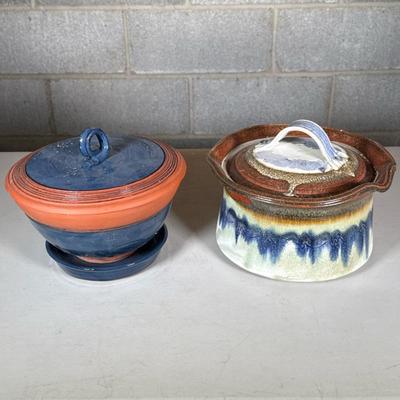(2pc) Mid-Century Pottery Covered Bowls | Including a bowl with an amorphous wave rim and textured wave pattern around the body, and a...