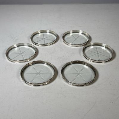 (6pc) Glass Coasters With Sterling Silver Rims | A star is etched in each glass and the silver rim has braided trim. - h. .25 x dia. 3 in
