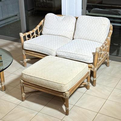 (2pc) McGUIRE RATTAN & RAWHIDE SETTE WITH OTTOMAN, ORGANIC MID CENTURY | The small sofa / loveseat with two seat cushions and back...