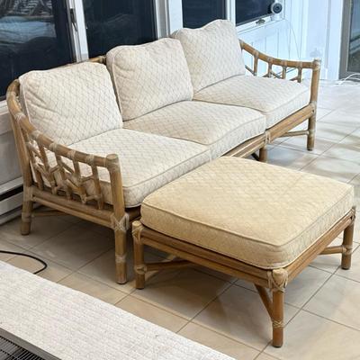 (2pc) McGUIRE RATTAN & RAWHIDE THREE-CUSHION SOFA & OTTOMAN, ORGANIC MID CENTURY | Three seat sofa with seat and backrest...