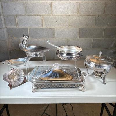 (7pc) Miscellaneous Silver Plated Serving Pieces | Including rectangular covered dish holder (no pyrex included), Covered serving bowl by...