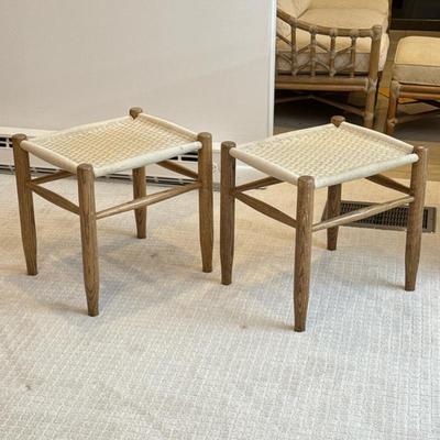 Pair Mid-Century Shaker Style Stools | Mid-century style stools with woven seats over tapered wood frames - h. 18.25 x w. 15.5 x l. 18.5 in

