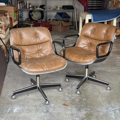 PAIR VINTAGE CHARLES POLLOCK for KNOLL BROWN LEATHER MCM OFFICE CHAIRS | Mid-century modern office chairs with tufted brown leather...
