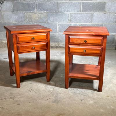 (2pc) Matching End Tables | Pine with two drawers and shelf/stretcher on bottom. - h. 25 x w. 17.5 x d. 17.5 in
