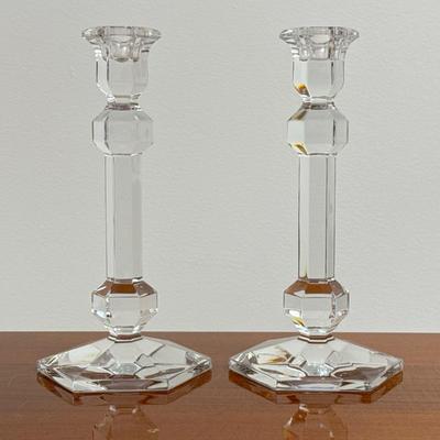 Pair Val St. Lambert Gardenia Candlesticks | Crystal candlestick holders Dimensions: h. 9.5 x dia. 4.75 in
