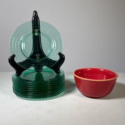 (11pc) Green Glass Salad Plates & Bowl | Including a set of 10 green glass plates with rippled rims, plus a small red bowl by Bobby...