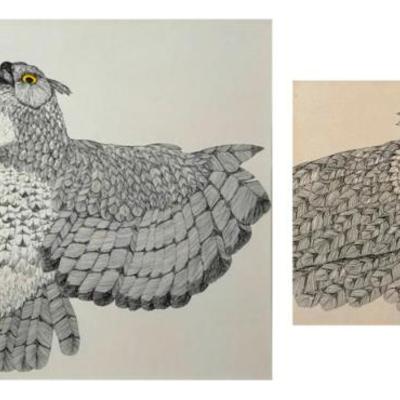 (2pc) Complimentary Owl Sketches | 21”h x 16”w sight. In black and white with yellow eyes. Signed bottom right and center. Black metal...