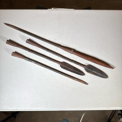 (4pc) Antique Metal & Wood Ice Tools | Ice harvesting tools or ice chisels, having long wrought iron shafts on wood handles...