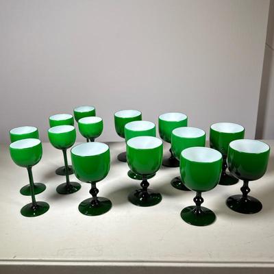 (15pc) Green Goblets | Six taller, smaller goblets. Nine shorter, larger goblets. Dark green stems fade to lighter green goblet with...
