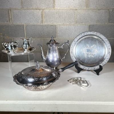 (8pc) Miscellaneous Silver Plate Serving Pieces | Including Rogers coffee pot, International Silver Company Camille sugar, creamer and...