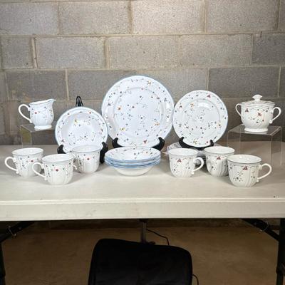 (17pc) Epoch Floral China Luncheon Set | With light blue trim and delicate flowers. Including: 6 coffee cups, creamer and sugar, one...
